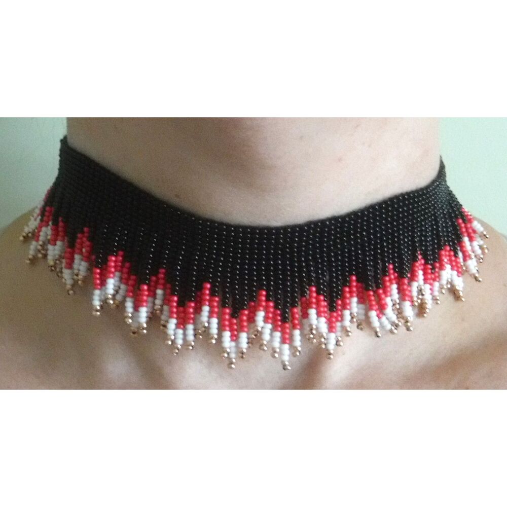 Loom Beaded Choker Necklace Black, Pink, White & Rose Gold